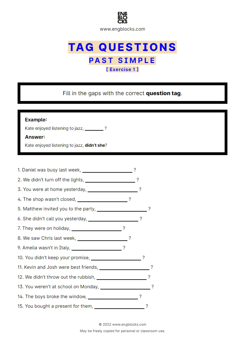 Grammar Worksheet: Tag Questions — Past Simple