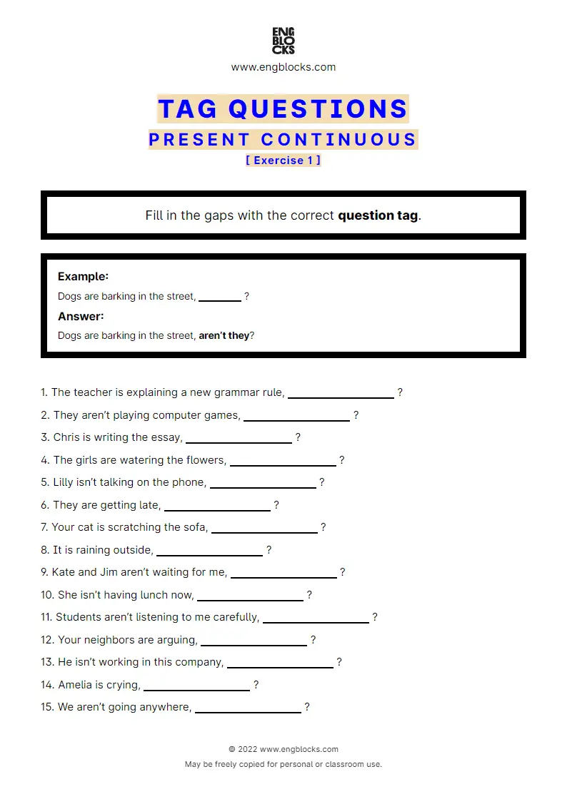 Grammar Worksheet: Tag Questions — Present Continuous