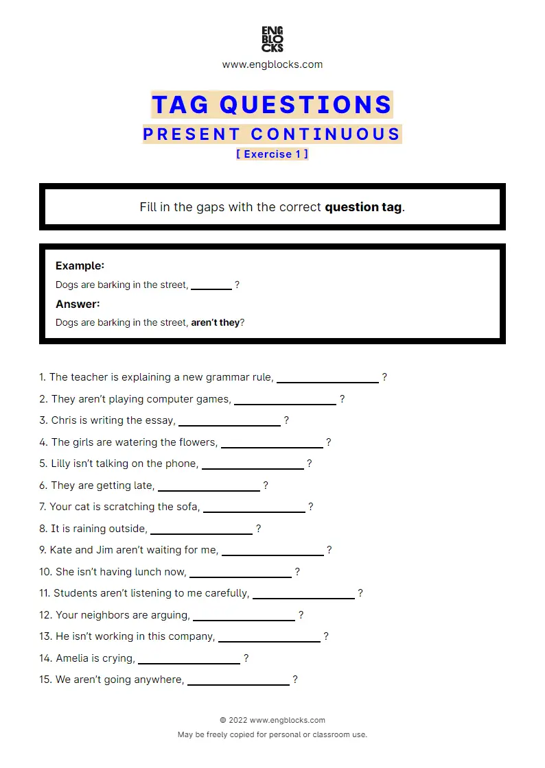 Grammar Worksheet: Tag Questions — Present Continuous