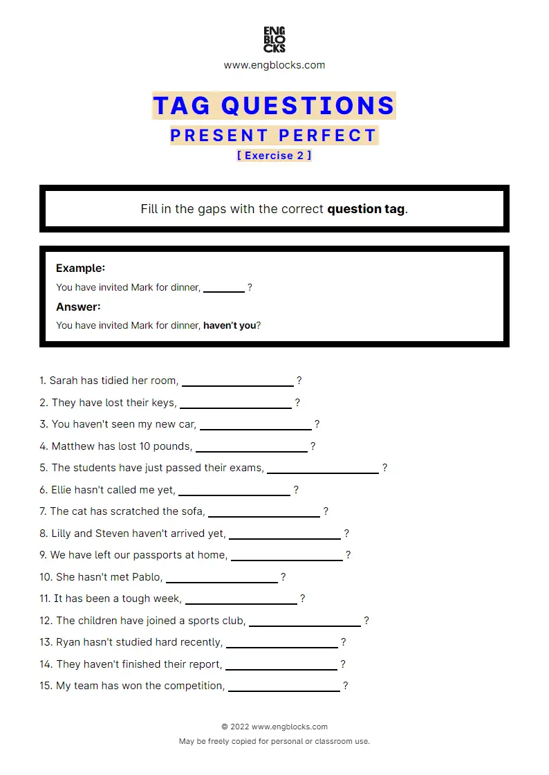 Grammar Worksheet: Tag Questions — Present Perfect — Exercise 2