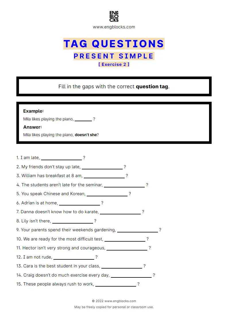 Grammar Worksheet: Tag Questions — Present Simple — Exercise 2
