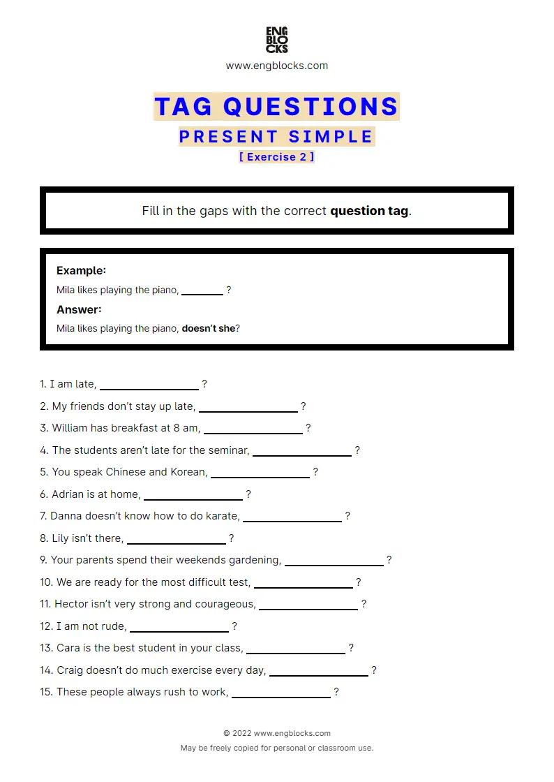 Grammar Worksheet: Tag Questions — Present Simple — Exercise 2