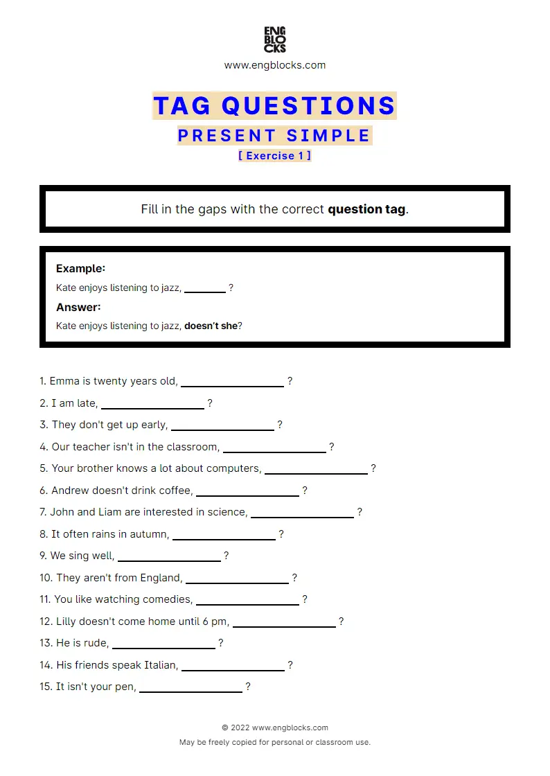 Grammar Worksheet: Tag Questions — Present Simple