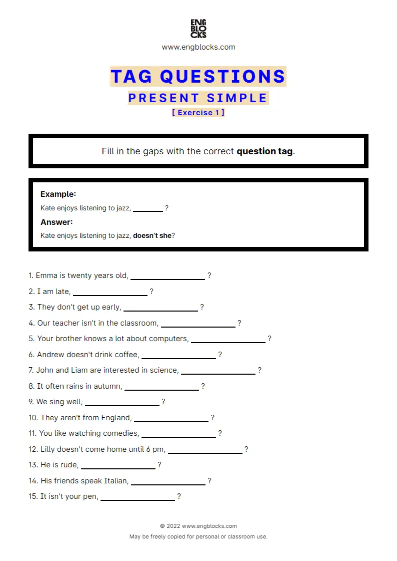 Grammar Worksheet: Tag Questions — Present Simple