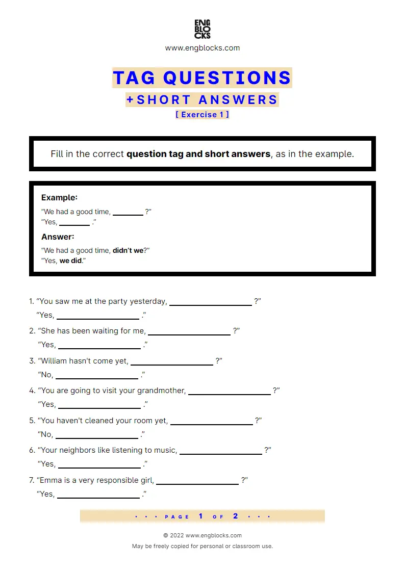 Grammar Worksheet: Tag Questions + short answers — Exercise 1