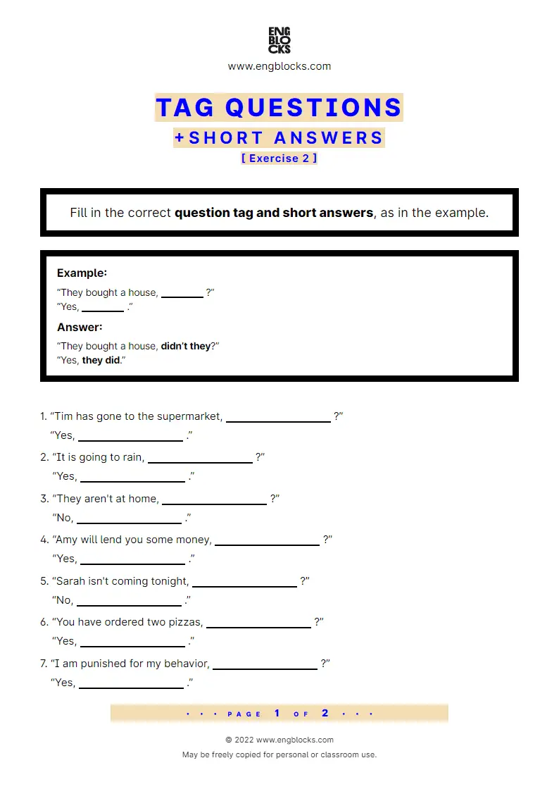 Grammar Worksheet: Tag Questions + short answers — Exercise 2