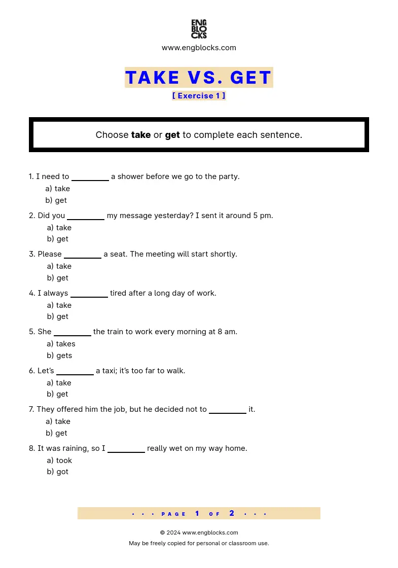 Grammar Worksheet: Take vs. Get — Exercise 1