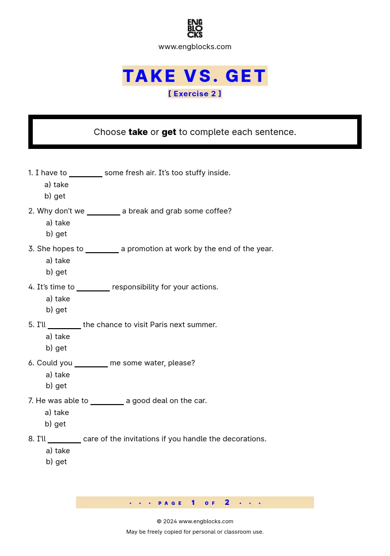 Grammar Worksheet: Take vs. Get — Exercise 2