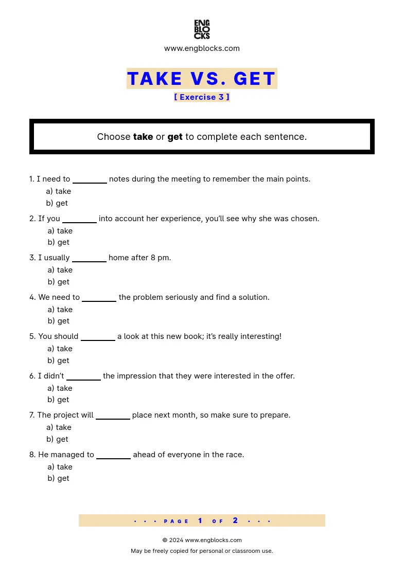 Grammar Worksheet: Take vs. Get — Exercise 3