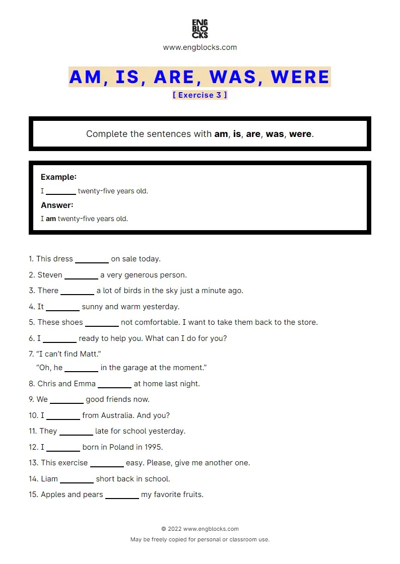 Grammar Worksheet: Am, is, are, was, were — Exercise 3