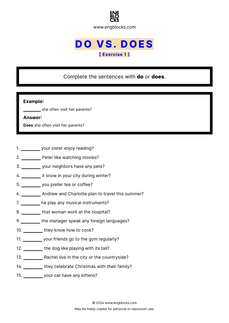 Grammar Worksheet: Do or Does — Exercise 1
