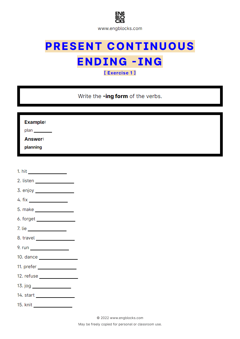 Grammar Worksheet: Ending -ing in the Present Continuous — Exercise 1