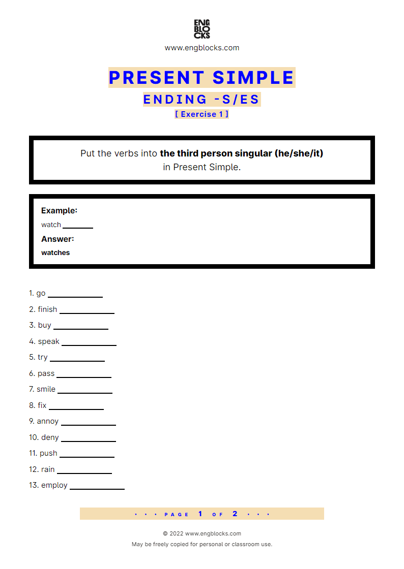 Grammar Worksheet: Ending -s in the Present Simple — Exercise 1