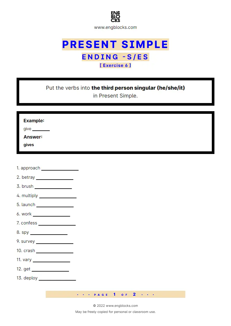 Grammar Worksheet: Ending -s in the Present Simple — Exercise 6