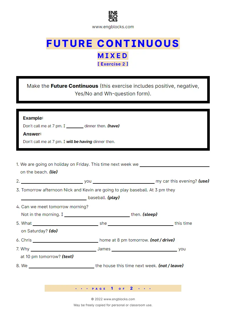 Grammar Worksheet: Future Continuous — Mixed — Exercise 2