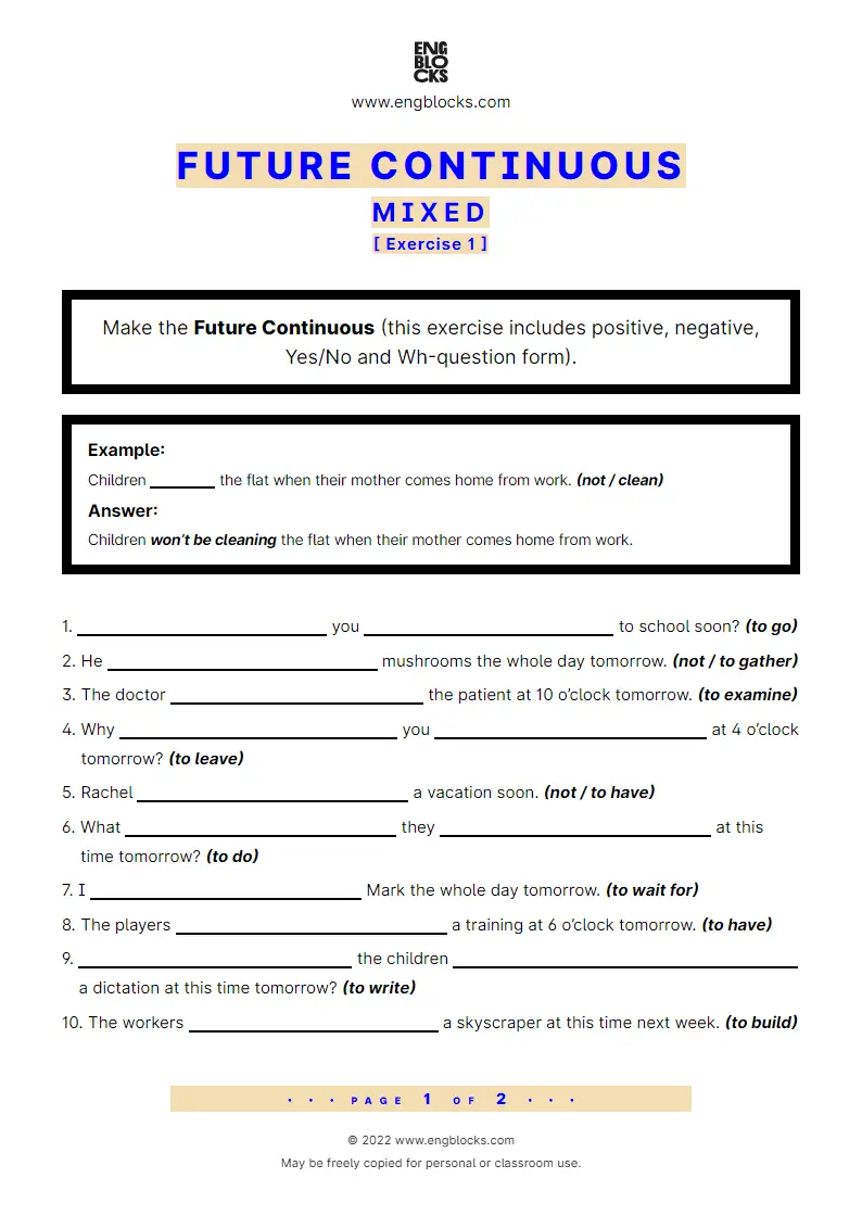 Grammar Worksheet: Future Continuous — Mixed