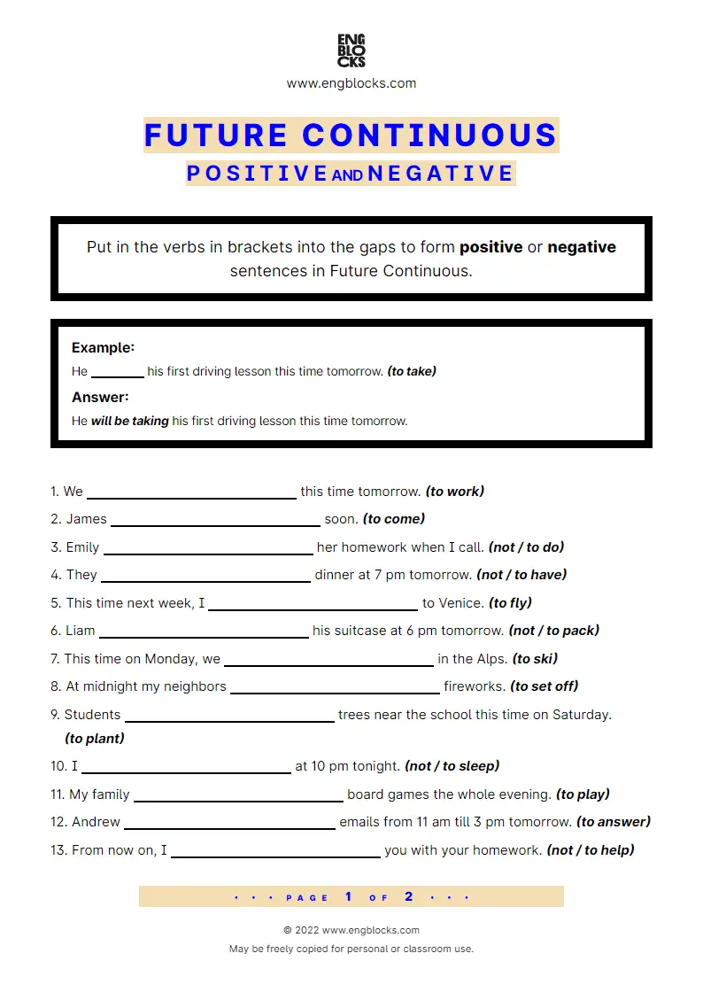 Grammar Worksheet: Future Continuous — Positive and Negative
