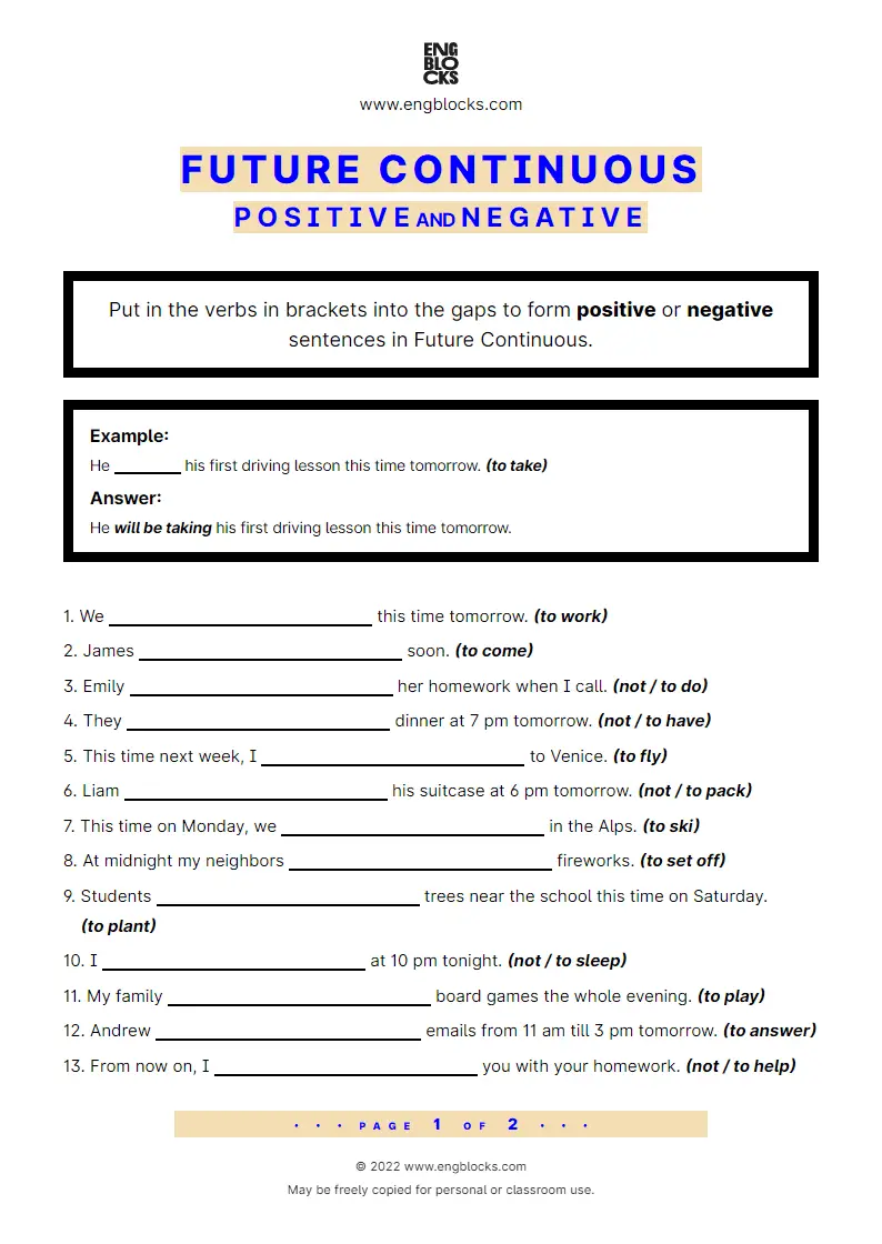 Grammar Worksheet: Future Continuous — Positive and Negative