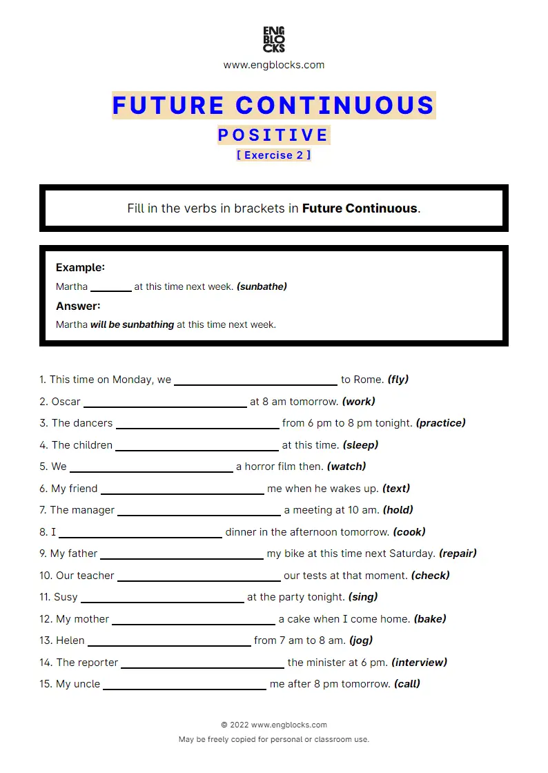 Grammar Worksheet: Future Continuous — Positive — Exercise 2