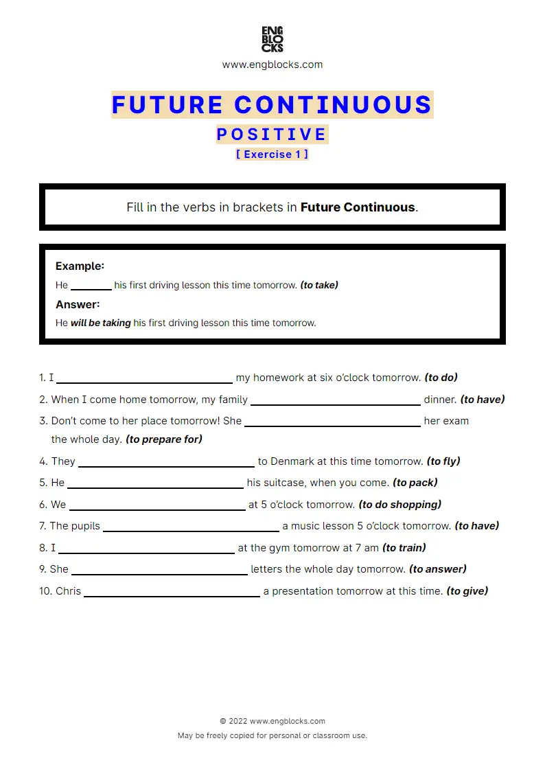 Grammar Worksheet: Future Continuous — Positive