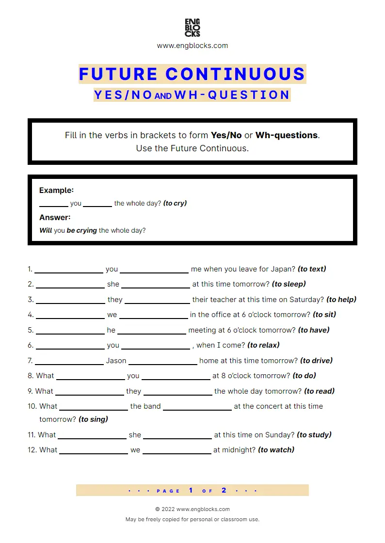 Grammar Worksheet: Future Continuous — Yes/‌No and Wh-question