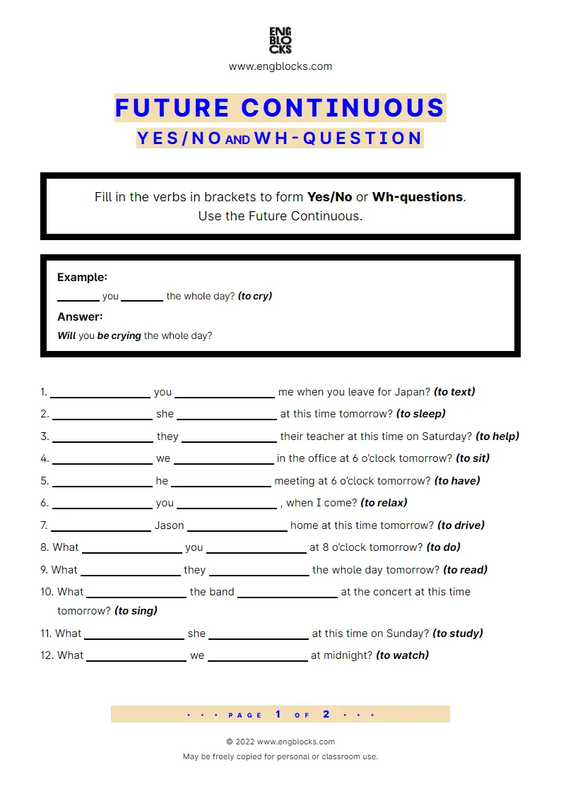 Grammar Worksheet: Future Continuous — Yes/‌No and Wh-question