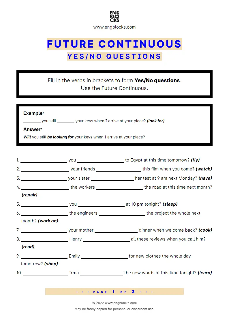 Grammar Worksheet: Future Continuous — Yes/‌No question