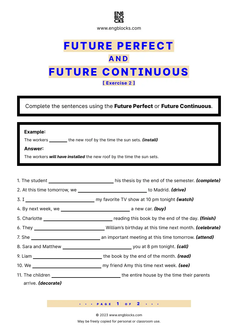 Grammar Worksheet: Future Perfect and Future Continuous — Exercise 2