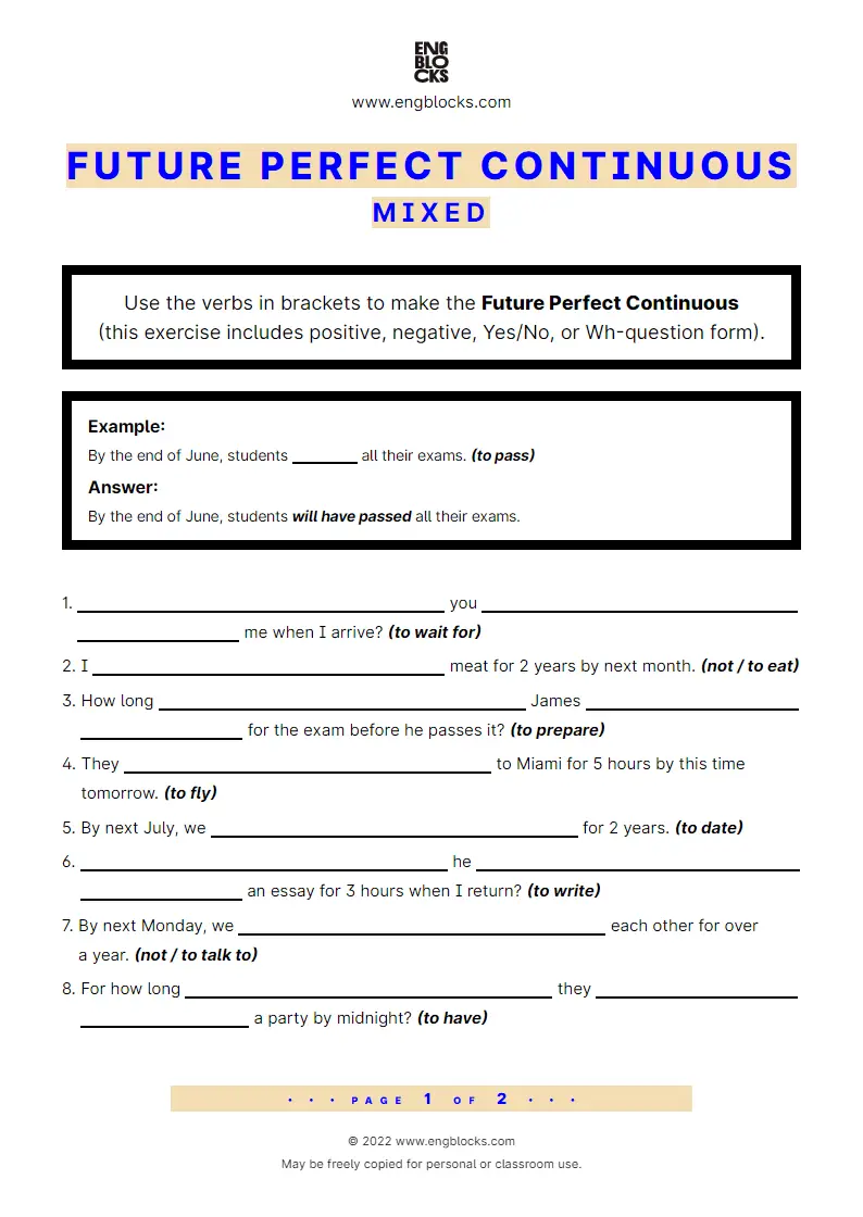 Grammar Worksheet: Future Perfect Continuous — Mixed