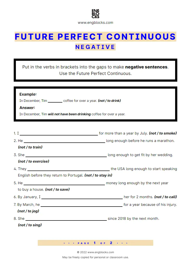 Grammar Worksheet: Future Perfect Continuous — Negative