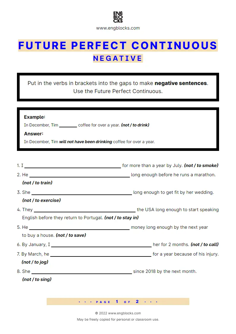 Grammar Worksheet: Future Perfect Continuous — Negative