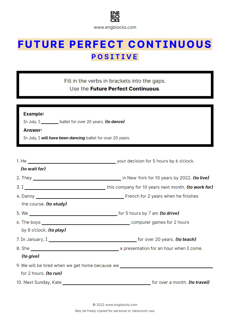 Grammar Worksheet: Future Perfect Continuous — Positive