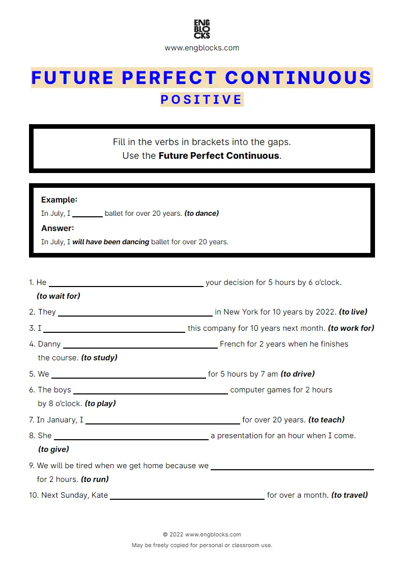 Grammar Worksheet: Future Perfect Continuous — Positive