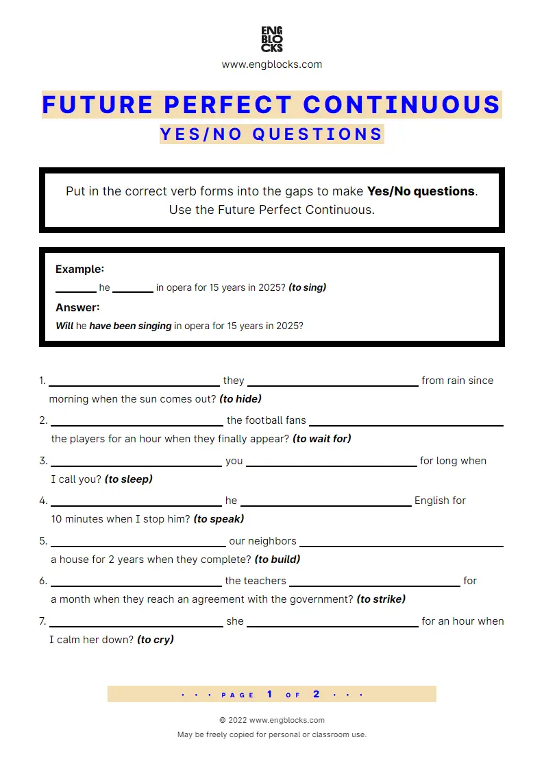 Grammar Worksheet: Future Perfect Continuous — Yes/‌No question