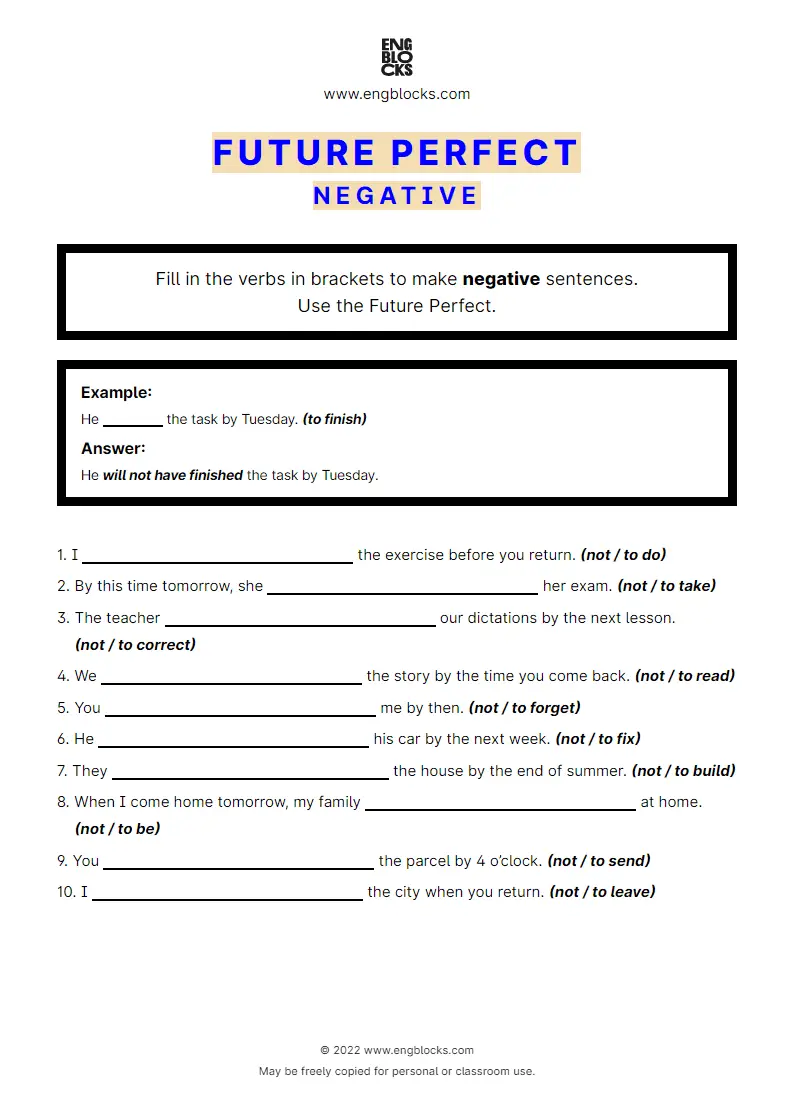 Grammar Worksheet: Future Perfect — Negative