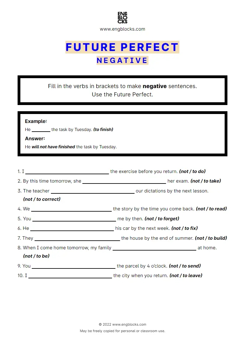 Grammar Worksheet: Future Perfect — Negative