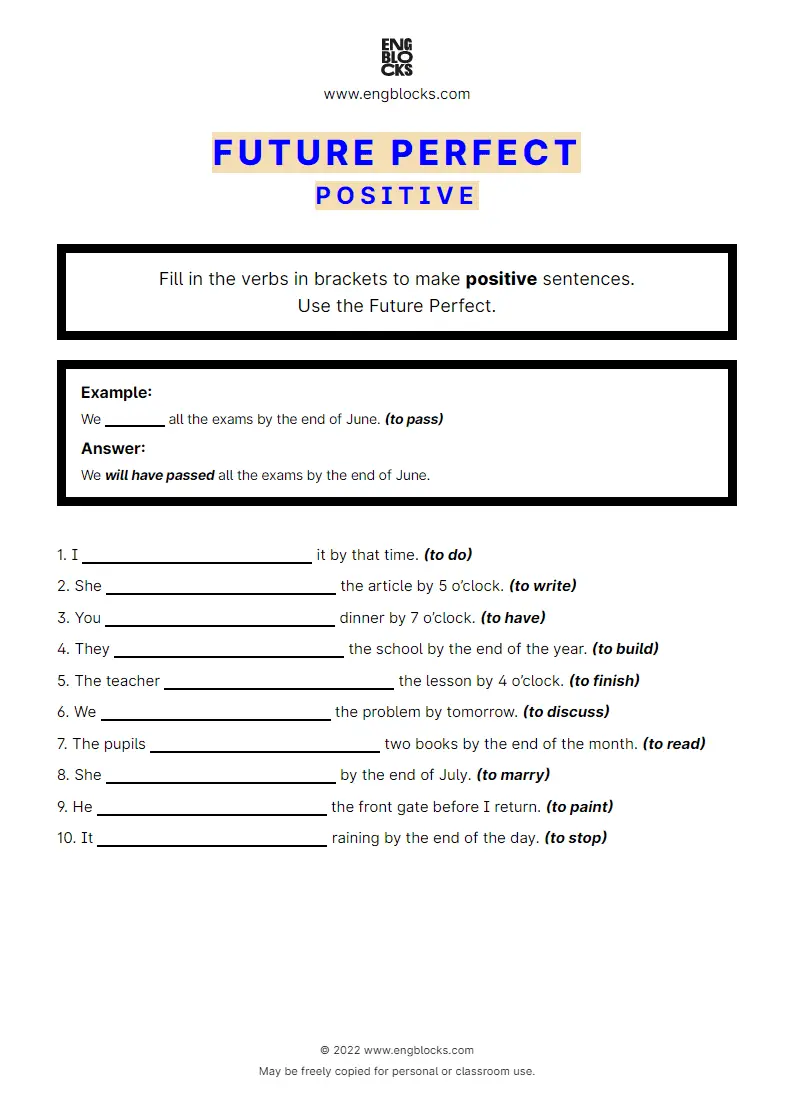 Grammar Worksheet: Future Perfect — Positive