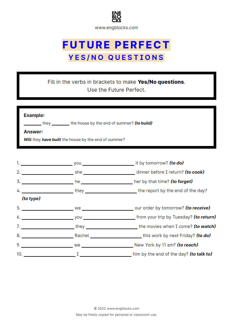 Grammar Worksheet: Future Perfect — Yes/‌No question