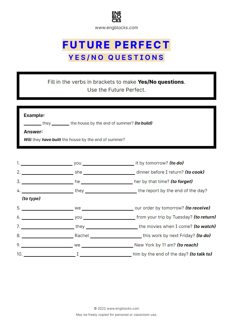 Grammar Worksheet: Future Perfect — Yes/‌No question