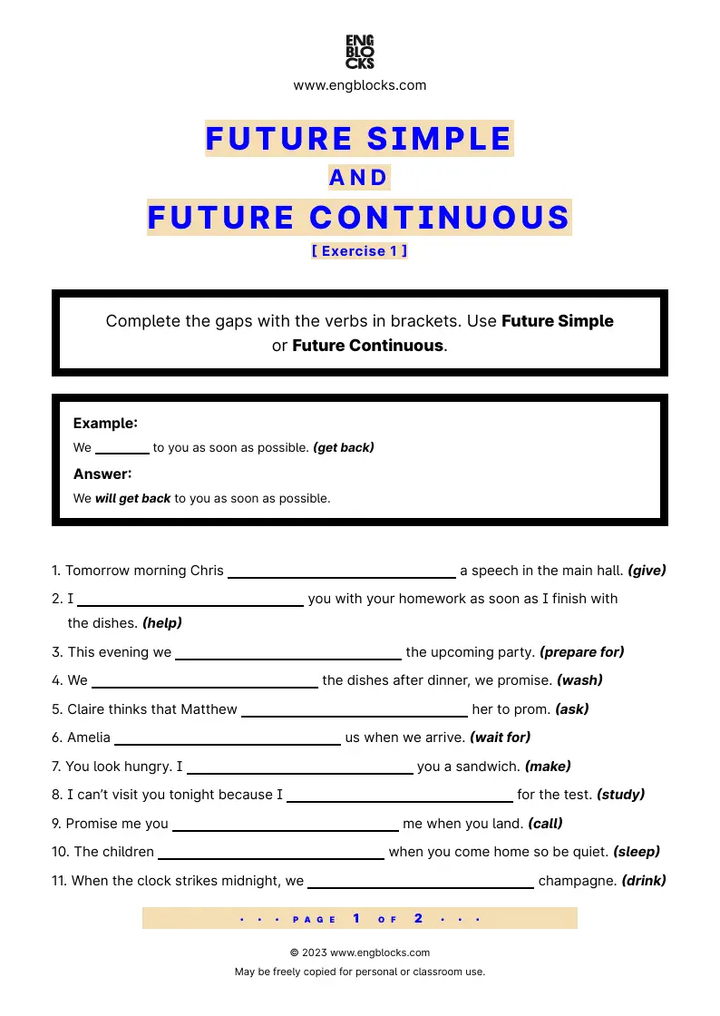 Grammar Worksheet: Future Simple and Future Continuous — Exercise 1