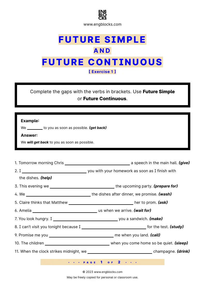 Grammar Worksheet: Future Simple and Future Continuous — Exercise 1