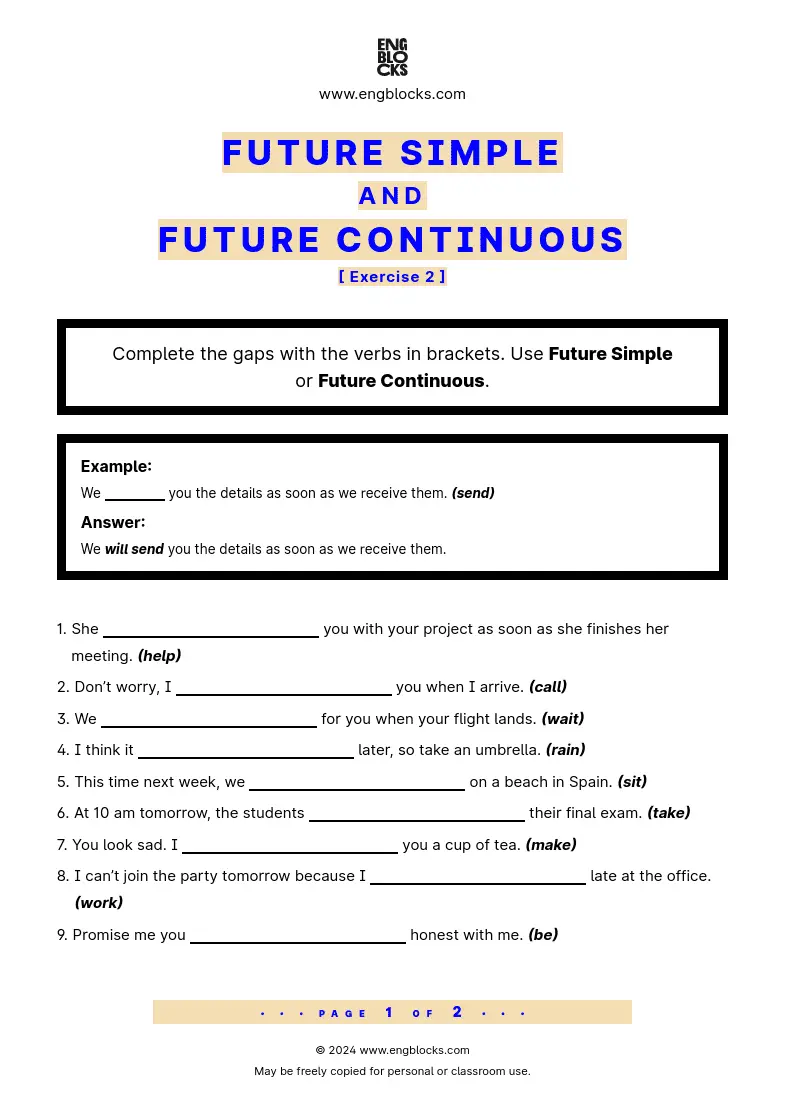 Grammar Worksheet: Future Simple and Future Continuous — Exercise 2