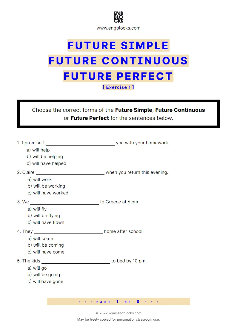 Grammar Worksheet: Future Simple, Future Continuous, Future Perfect — Exercise 1