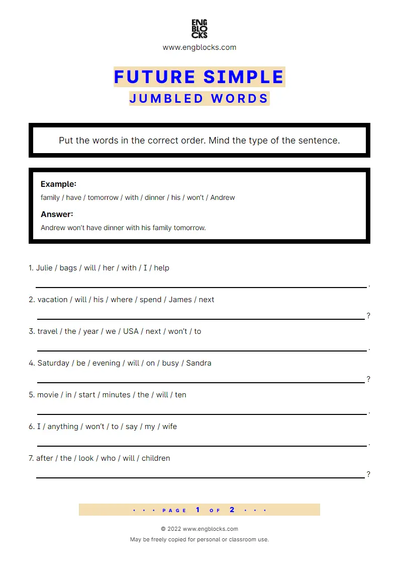 Grammar Worksheet: Future Simple — Jumbled words