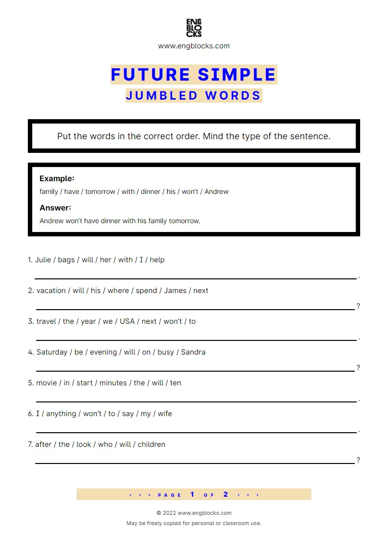 Grammar Worksheet: Future Simple — Jumbled words