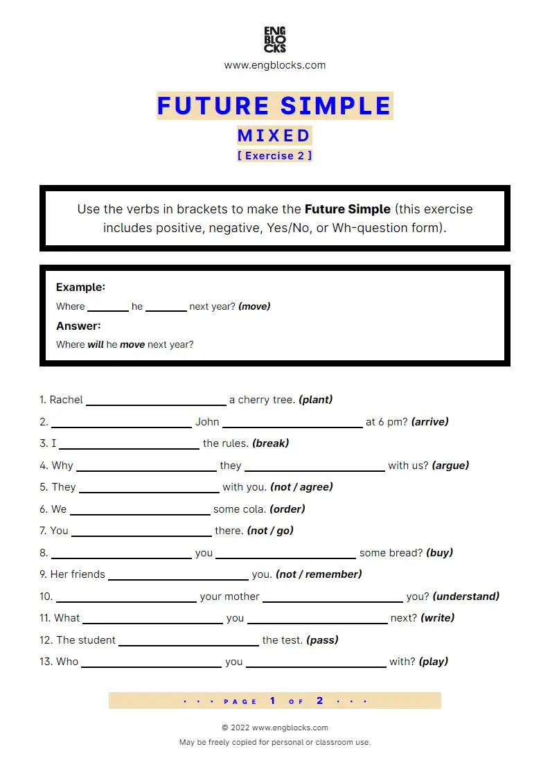 Grammar Worksheet: Future Simple — Mixed — Exercise 2