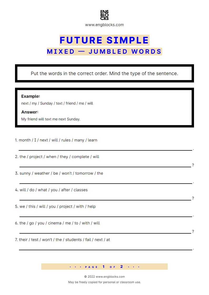 Grammar Worksheet: Future Simple — Mixed — Jumbled words