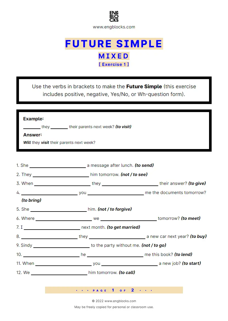 Grammar Worksheet: Future Simple — Mixed