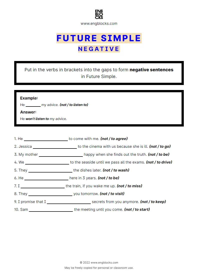 Grammar Worksheet: Future Simple — Negative