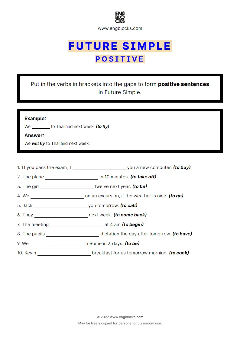 Grammar Worksheet: Future Simple — Positive